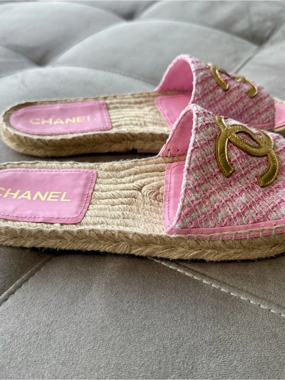 CHANEL Pink Tweed Slide Mules with Gold CC Emblem